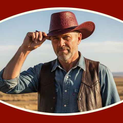 Red Ostrich Embossed Leather Cowboy Hat Western Outback Wide Brim Braided Band Rodeo Ranch Hat