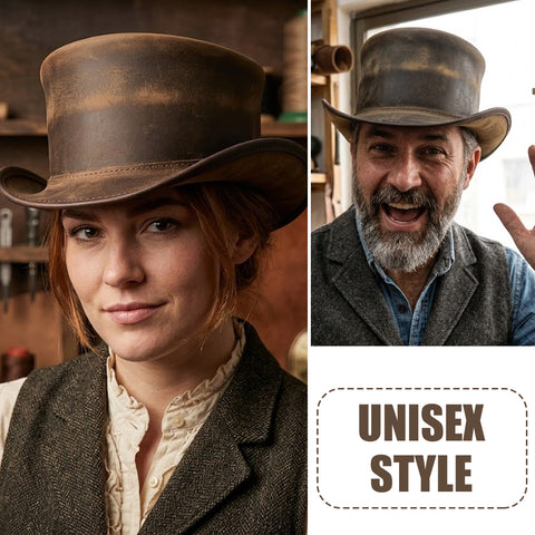 Distressed Brown Cowhide Top Hat Steampunk Gothic Biker Short Crown Shapeable Brim Unisex