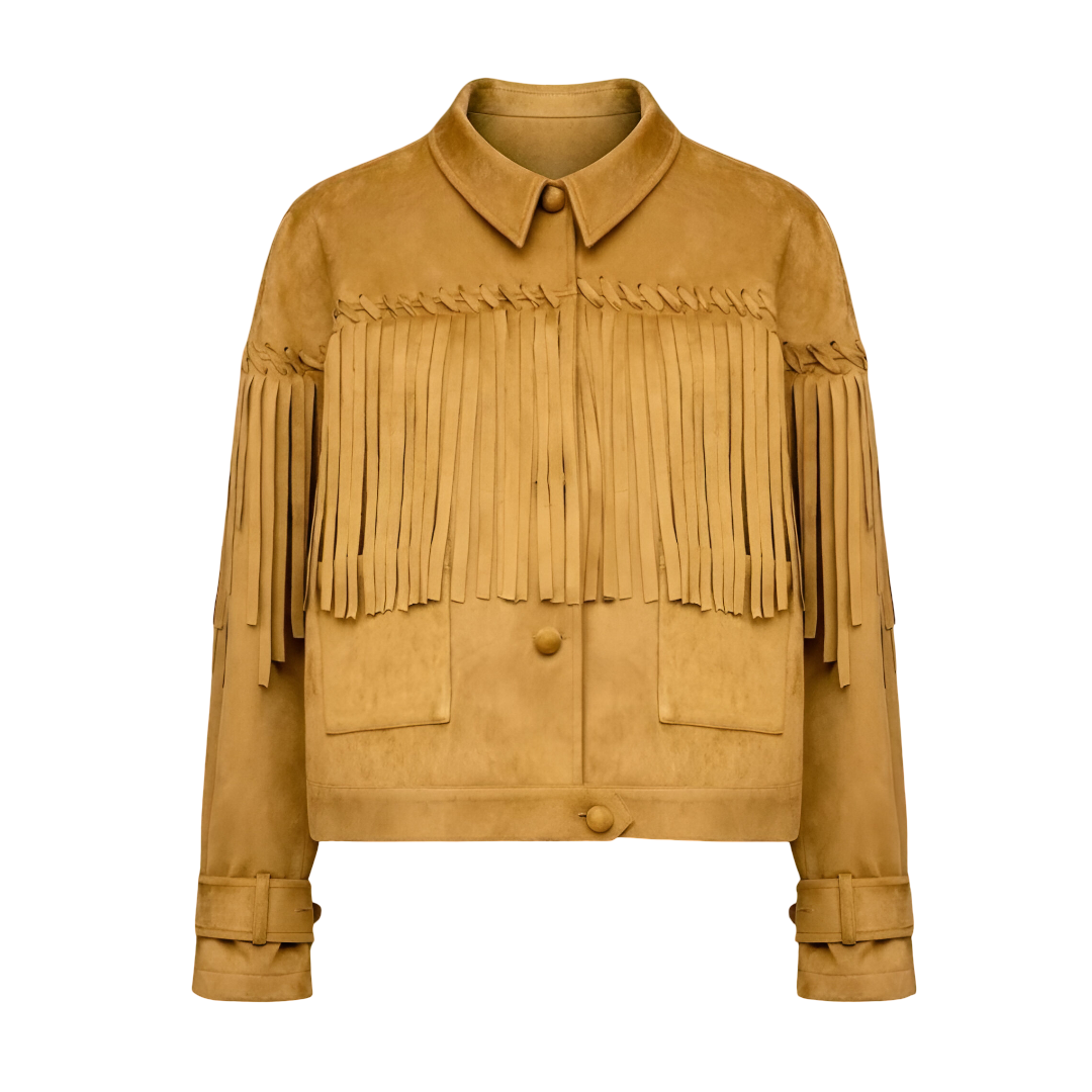 Women’s Tan Suede Fringe Jacket – Western Style Leather Coat with Button Closure & Long Fringe Detail, Vintage Cowgirl Outerwear