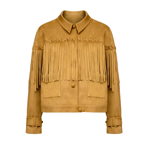 Women’s Tan Suede Fringe Jacket – Western Style Leather Coat with Button Closure & Long Fringe Detail, Vintage Cowgirl Outerwear