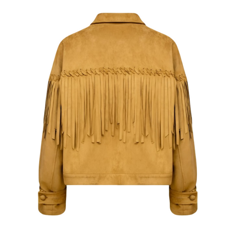 Women’s Tan Suede Fringe Jacket – Western Style Leather Coat with Button Closure & Long Fringe Detail, Vintage Cowgirl Outerwear
