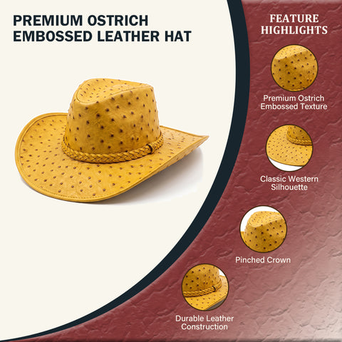 Mustard Yellow Ostrich Embossed Leather Cowboy Hat - Western Rodeo Wide Brim Hat