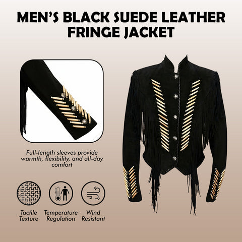 Mens Black Suede Fringe Jacket Western Cropped Beaded Cowboy Concho Coat Rodeo