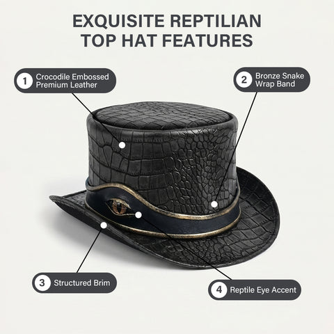 Premium Crocodile Embossed Leather Top Hat  Reptile Eye Steampunk Gothic Hat Unisex