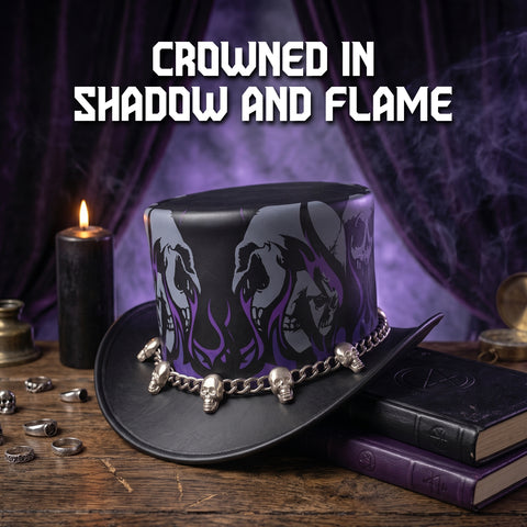 Gothic Leather Top Hat – Ghost Skull Print, Purple Flames, And Silver Skull Chainband For Biker, Rock, And Steampunk Style