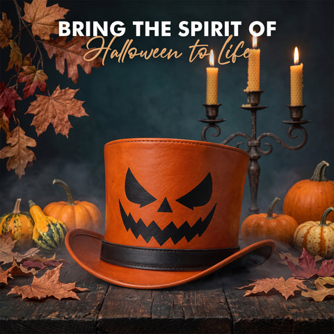 Orange Halloween Leather Top Hat – Spooky Jack O'Lantern Pumpkin Face Design For Costumes, Cosplay, And Party Apparel
