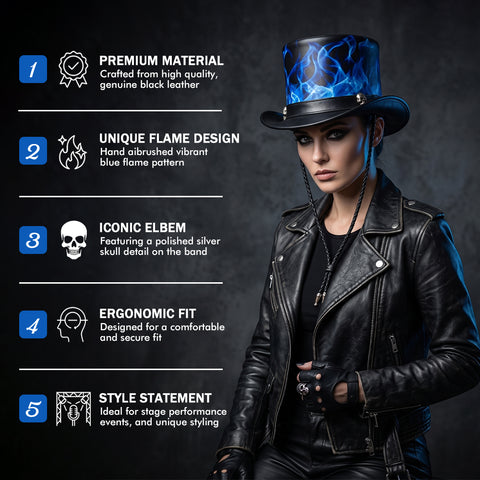 Black Leather Top Hat Blue Flame Skull Steampunk Gothic Biker Festival Hat