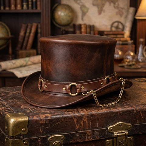 Handmade Steampunk Leather Top Hat – Victorian Biker Style with Decorative Band