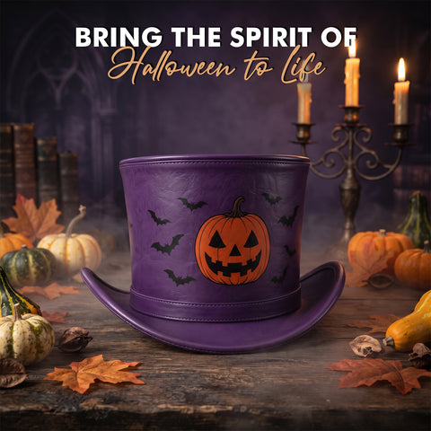 Purple Halloween Leather Top Hat – Spooky Pumpkin And Bats Design For Costumes, Cosplay, And Party Apparel