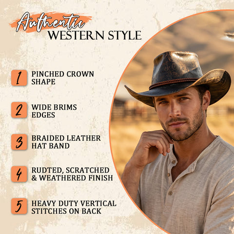 Premium Distressed Genuine Leather Cowboy Hat - Vintage Western Outlaw Gambler Hat Unisex