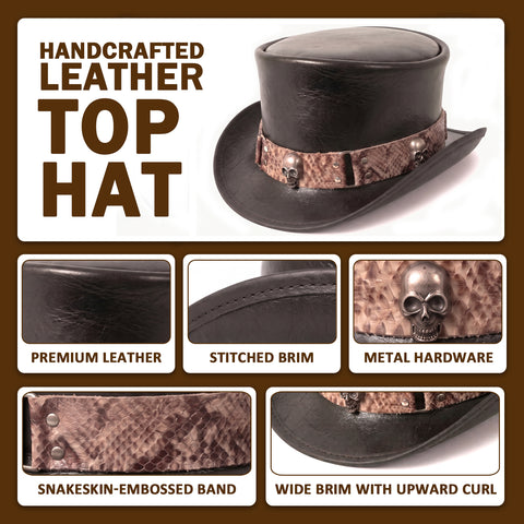 Handmade Cowhide Top Hat Skull Studs Steampunk Gothic Biker Pencil Roll Brim Festival Unisex