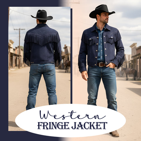 Mens Suede Fringe Jacket Western Cowboy Trucker Style Cropped Fit Snap Button Coat