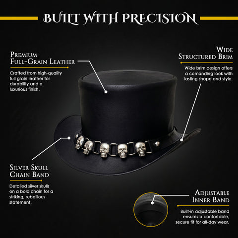 Leather Top Hat with Silver Skull Chain Band Steampunk Gothic Biker Unisex Structured Dress Hat for Cosplay