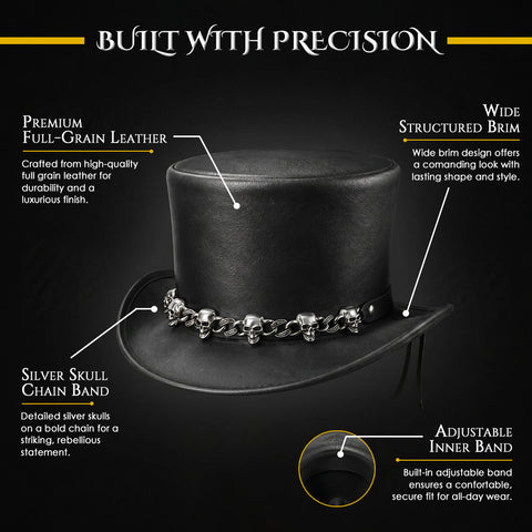 Leather Skull Chain Top Hat Steampunk Gothic Biker Handmade Cowhide Festival Cosplay Hat