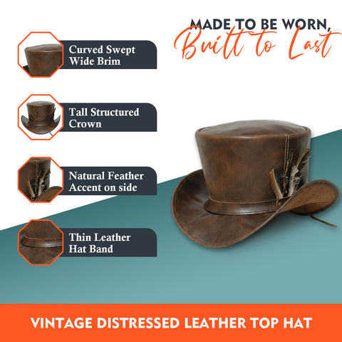 Distressed Brown Leather Top Hat Steampunk Gothic Biker Mad Hatter Feather Handmade Festival Hat