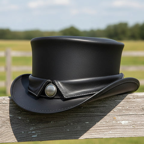 Handcrafted Black Leather Top Hat Cowhide Steampunk Western Costume Festival Cosplay Hat