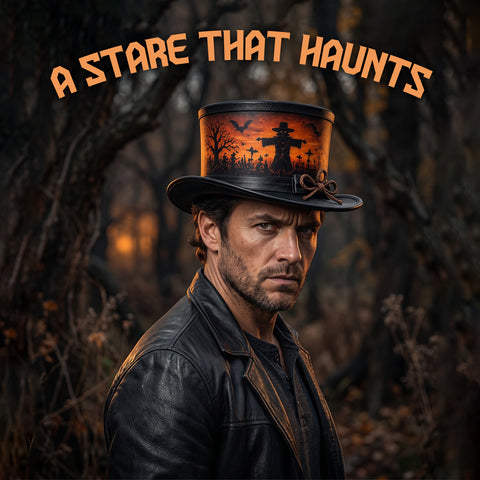 Halloween Scarecrow Leather Top Hat – Spooky Graveyard, Sunset Orange Sky, And Bats Costume With Rope Bow