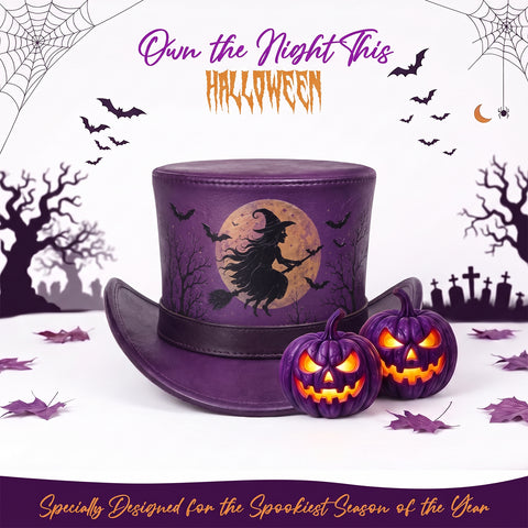Purple Halloween Leather Top Hat – Spooky Flying Witch, Full Moon, And Bats Design For Costumes, Cosplay, And Party Apparel