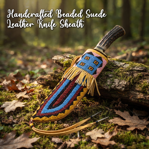 Handcrafted Beaded Suede Leather Knife Sheath - Native American-Inspired Artistry Meets Everyday Function