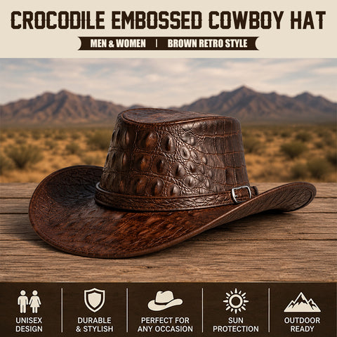Premium Crocodile Embossed Leather Cowboy Hat - Unisex Retro Western Style