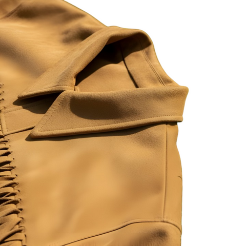 Women’s Tan Suede Fringe Jacket – Western Style Leather Coat with Button Closure & Long Fringe Detail, Vintage Cowgirl Outerwear