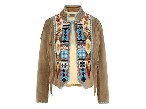 Handcrafted Suede Fringe Jacket with Colorful Embroidered Tribal Pattern – Western Boho Cowgirl Festival Coat