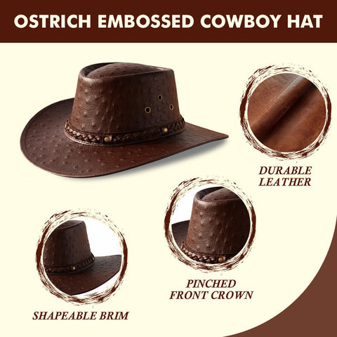 Brown Ostrich Embossed Leather Cowboy Hat Western Outback Wide Brim Braided Band Rodeo Ranch Hat