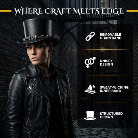 Leather Skull Chain Top Hat Steampunk Gothic Biker Handmade Cowhide Festival Cosplay Hat
