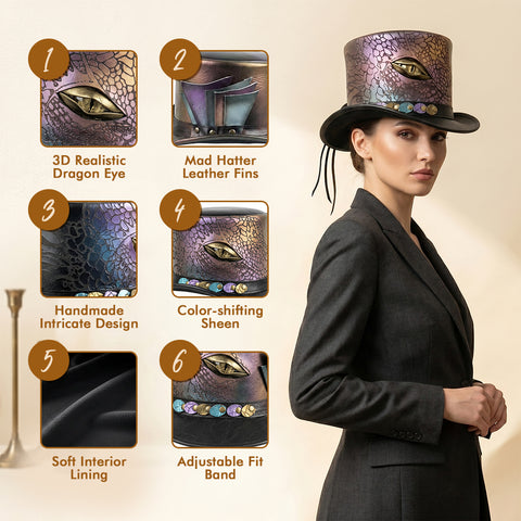 Dragon Eye Steampunk Top Hat - Leather Gothic Mad Hatter Cap with Iridescent Scales for Cosplay & Festivals