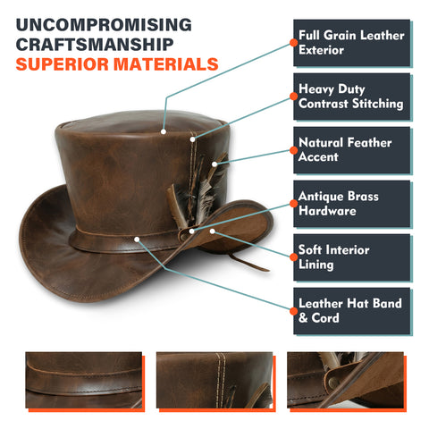 Distressed Brown Leather Top Hat Steampunk Gothic Biker Mad Hatter Feather Handmade Festival Hat
