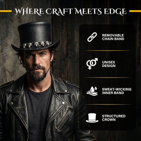Leather Top Hat with Silver Skull Chain Band Steampunk Gothic Biker Unisex Structured Dress Hat for Cosplay