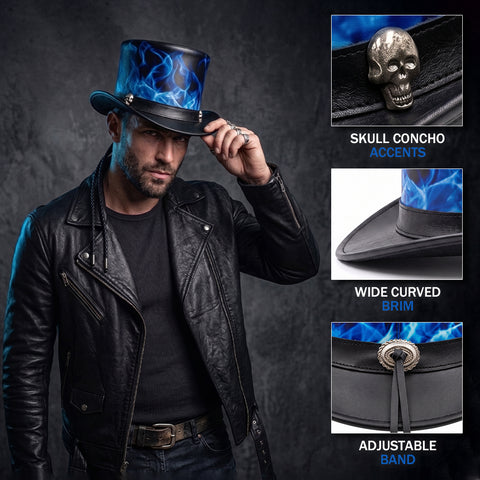 Black Leather Top Hat Blue Flame Skull Steampunk Gothic Biker Festival Hat
