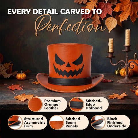 Orange Halloween Leather Top Hat – Spooky Jack O'Lantern Pumpkin Face Design For Costumes, Cosplay, And Party Apparel