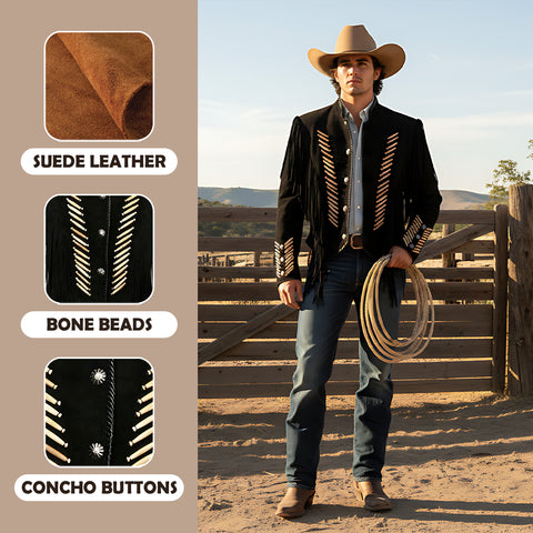 Mens Black Suede Fringe Jacket Western Cropped Beaded Cowboy Concho Coat Rodeo