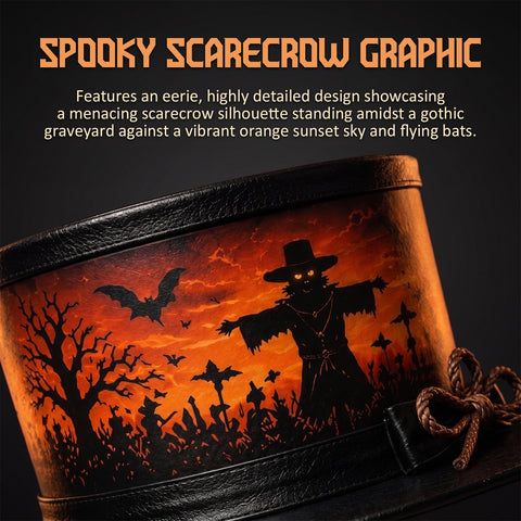Halloween Scarecrow Leather Top Hat – Spooky Graveyard, Sunset Orange Sky, And Bats Costume With Rope Bow