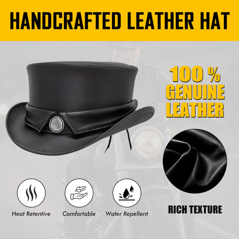Handcrafted Black Leather Top Hat Cowhide Steampunk Western Costume Festival Cosplay Hat