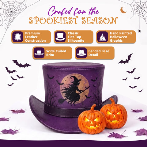 Purple Halloween Leather Top Hat – Spooky Flying Witch, Full Moon, And Bats Design For Costumes, Cosplay, And Party Apparel