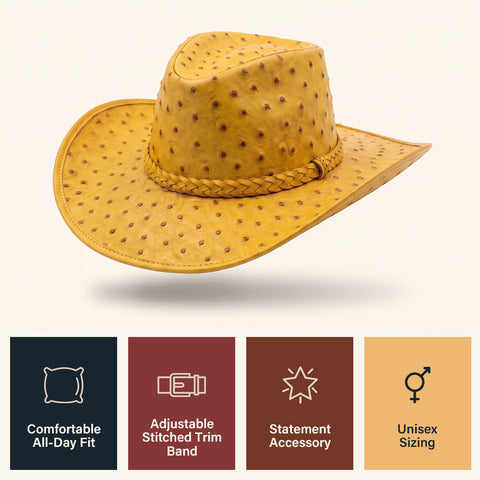 Mustard Yellow Ostrich Embossed Leather Cowboy Hat - Western Rodeo Wide Brim Hat