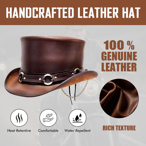 Handmade Steampunk Leather Top Hat – Victorian Biker Style with Decorative Band