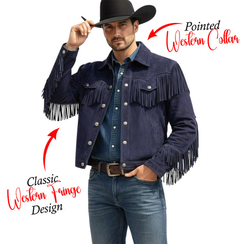 Mens Suede Fringe Jacket Western Cowboy Trucker Style Cropped Fit Snap Button Coat