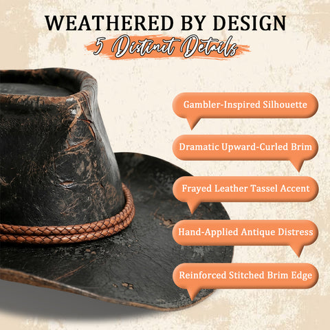 Premium Distressed Genuine Leather Cowboy Hat - Vintage Western Outlaw Gambler Hat Unisex