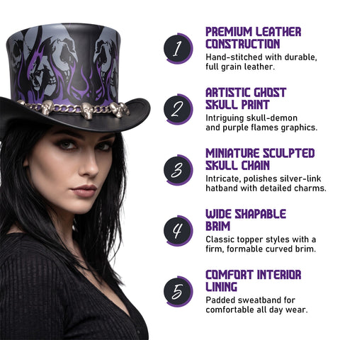 Gothic Leather Top Hat – Ghost Skull Print, Purple Flames, And Silver Skull Chainband For Biker, Rock, And Steampunk Style