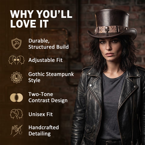 Handmade Cowhide Top Hat Skull Studs Steampunk Gothic Biker Pencil Roll Brim Festival Unisex