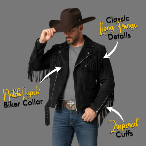 Mens Suede Biker Fringe Jacket Western Moto Asymmetrical Zipper Concho Belt