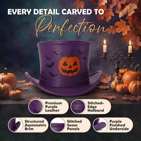 Purple Halloween Leather Top Hat – Spooky Pumpkin And Bats Design For Costumes, Cosplay, And Party Apparel