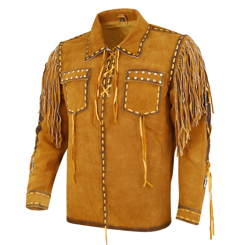Men’s Western Suede Fringe Jacket – Cowboy Leather Shirt with Studs, Tassels &amp; Lace-Up Front | Vintage Style Western Wear