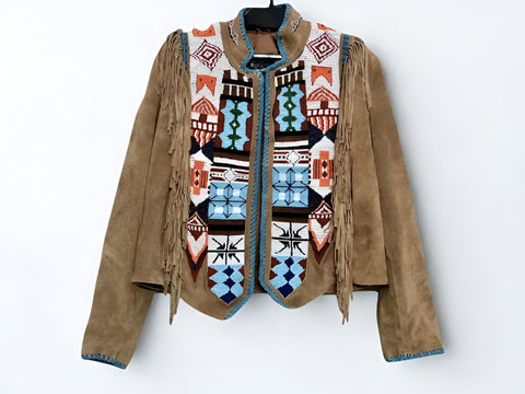 Handcrafted Suede Fringe Jacket with Colorful Embroidered Tribal Pattern – Western Boho Cowgirl Festival Coat