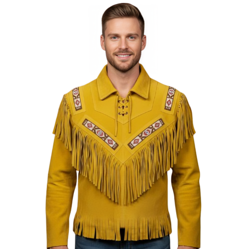 Mens Suede Fringe Shirt Western Cowboy Pullover Lace Up Beaded Frontier Jacket