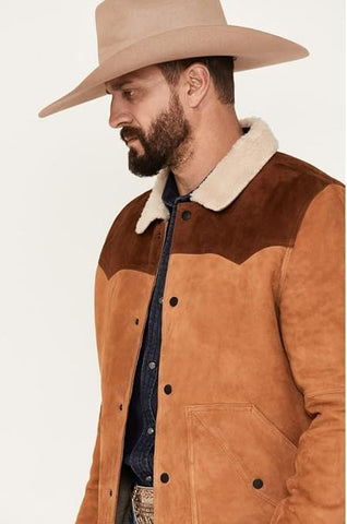 Mens Two Tone Suede Rancher Jacket Sherpa Lined Western Snap Coat Brown