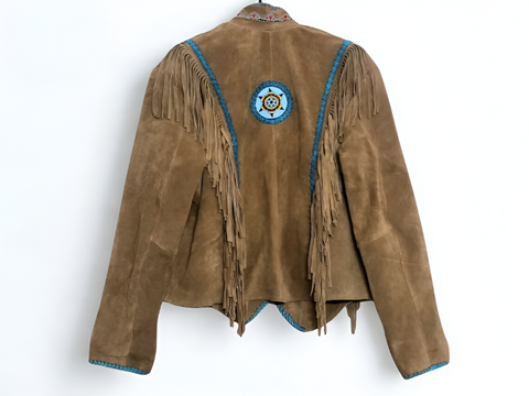 Handcrafted Suede Fringe Jacket with Colorful Embroidered Tribal Pattern – Western Boho Cowgirl Festival Coat